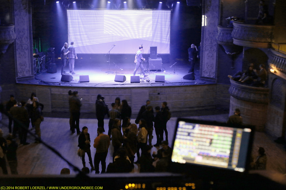 A view of the Thalia Hall stage from behind the sound board, which is in the balcony.
